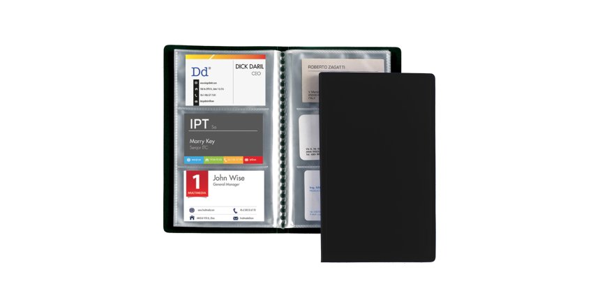Porta biglietti da visita - 20 buste con 3 tasche ciascuna - 12,5x20,5 cm - nero - Favorit