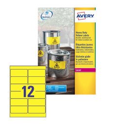 AVERY Etichette resistenti in poliestere giallo 99,1 x 42,3mm, 12 etichette per foglio, adesivo permanente, laser, 20 fogli