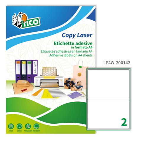 TICO Etichette adesive in carta bianca 200x142mm, 2 etichette per foglio A4, adesivo permanente, laser/inkjet, 100 fogli