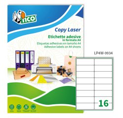 TICO Etichette adesive in carta bianca 99,1x34mm, 16 etichette per foglio A4, adesivo permanente, laser/inkjet, 100 fogli