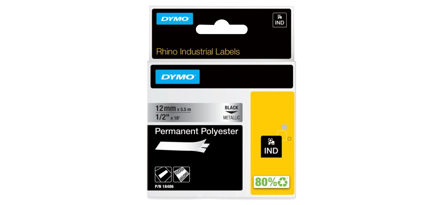 DYMO Rhino Industrial Permanent Polyester Labels | 12mm x 5.5m | Black Print on Metallic | for Rhino & LabelManager Label Makers