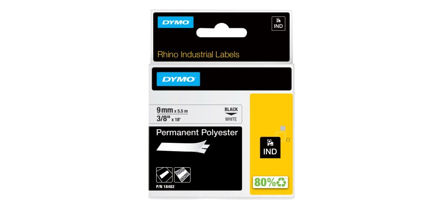 Nastro Rhino 18482 - 9 mm x 5,5 mt - poliestere - permanente - nero/bianco - Dymo