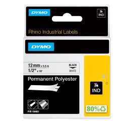 Nastro Rhino 18483 - 12 mm x 5,5 mt - poliestere - permanente - nero/bianco - Dymo