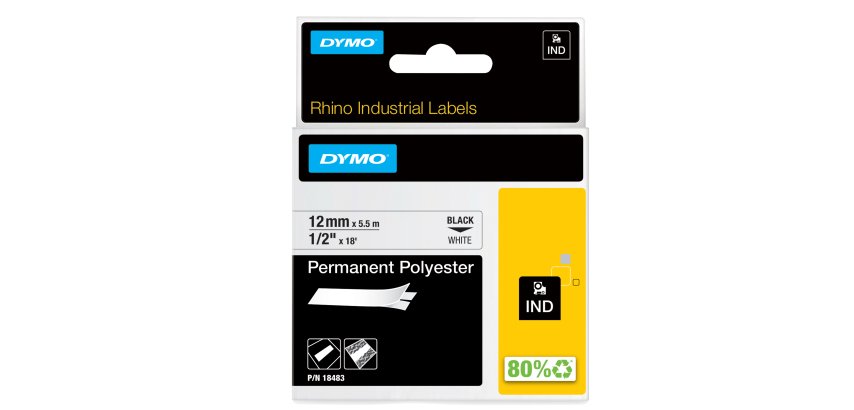 Nastro Rhino 18483 - 12 mm x 5,5 mt - poliestere - permanente - nero/bianco - Dymo