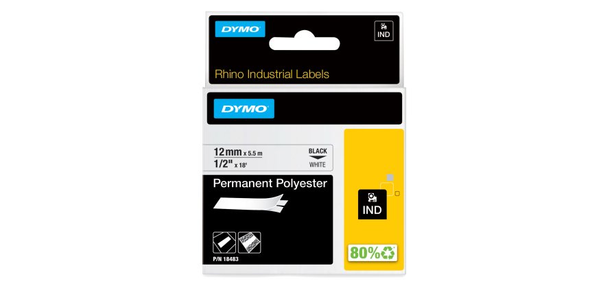 Nastro Rhino 18483 - 12 mm x 5,5 mt - poliestere - permanente - nero/bianco - Dymo