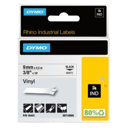 Nastro Rhino 18443 - 9 mm x 5,5 mt - vinile - nero/bianco - Dymo