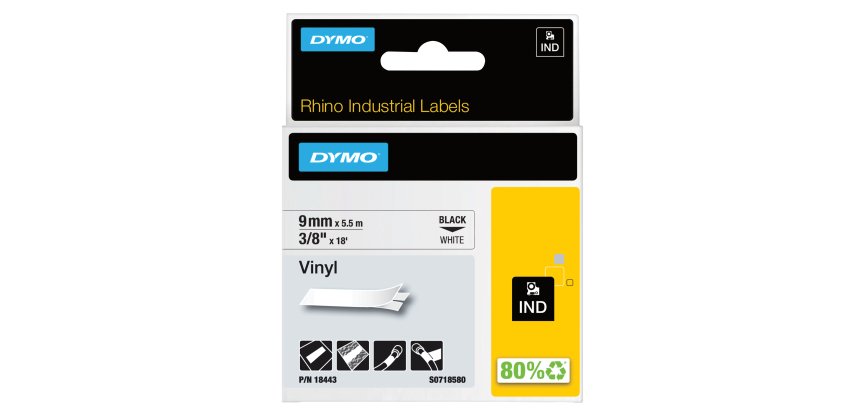 Nastro Rhino 18443 - 9 mm x 5,5 mt - vinile - permanente - nero/bianco - Dymo