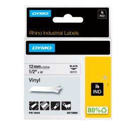 Nastro Rhino 18444 - 12 mm x 5,5 mt - vinile - permanente - nero/bianco - Dymo