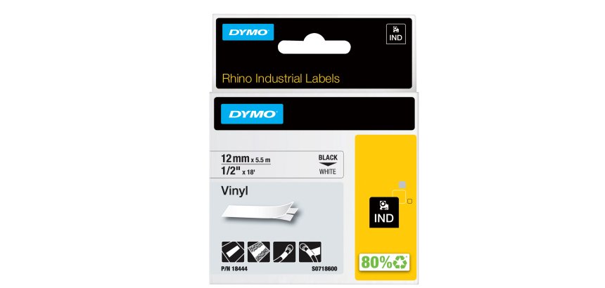 Nastro Rhino 18444 - 12 mm x 5,5 mt - vinile - permanente - nero/bianco - Dymo