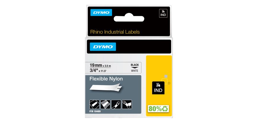 Nastro Rhino 18489 - 19 mm x 3,5 mt - nylon flessibile - nero/bianco - Dymo