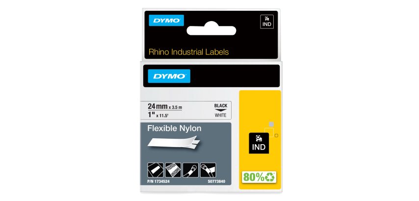 Nastro Rhino 1734524 - 24 mm x 3,5 mt - nylon flessibile - nero/bianco - Dymo