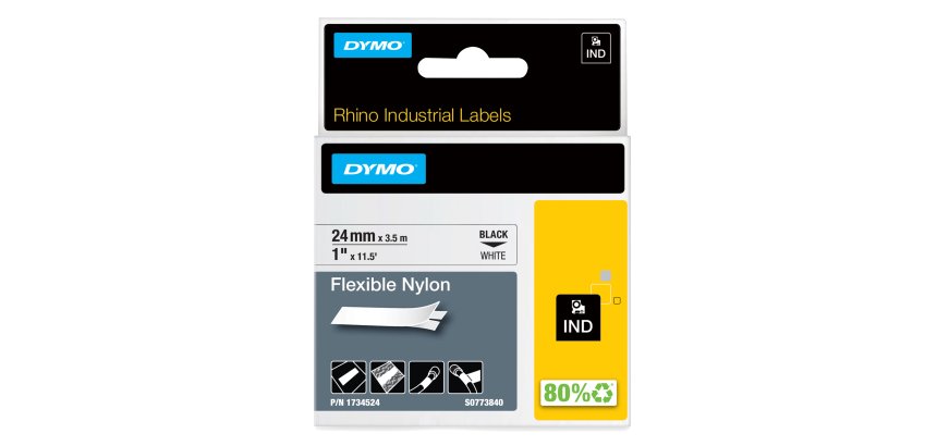 Nastro Rhino 1734524 - 24 mm x 3,5 mt - nylon flessibile - nero/bianco - Dymo