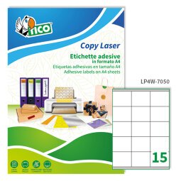 TICO Etichette adesive in carta bianca 70x50,8mm, 15 etichette per foglio A4, adesivo permanente, laser/inkjet, 100 fogli