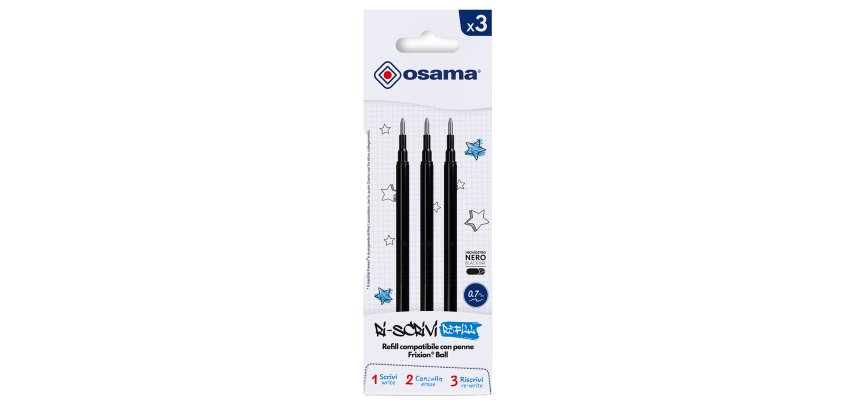Refill per penne gel cancellabili - punta 0,7 mm - nero  - Osama - conf. 3 pezzi