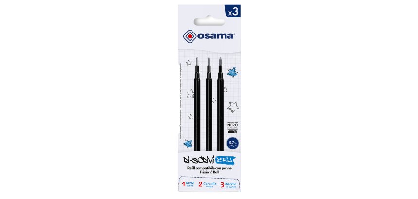 Refill per penne gel cancellabili - punta 0,7 mm - nero  - Osama - conf. 3 pezzi