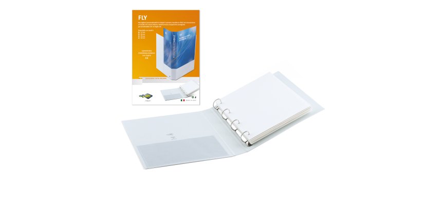 Raccoglitore personalizzabile Fly - 22 x 30 cm - 4 anelli a Q 65 mm - dorso 9 cm - bianco - Sei Rota