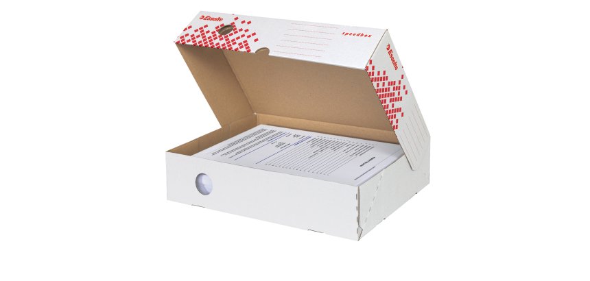 Scatola archivio Speedbox - dorso 8 cm - 35 x 25 cm - apertura totale - bianco e rosso - Esselte