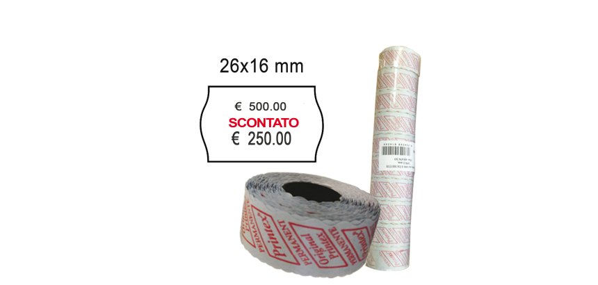 Rotolo da 1000 etichette a onda per Printex Smart 16/2616 - SCONTATO - 26x16 mm - adesivo permanente - bianco - Printex - pack 10 rotoli