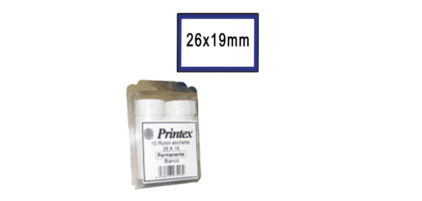 Rotolo da 600 etichette per Printex Z 17 - 26x19 mm - adesivo permanente - bianco - cornice blu - Printex - nero - pack 10 rotoli