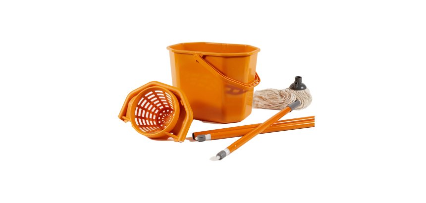 Kit per pavimenti Secchiostrizza - secchio con strizzatore 12 L + mop 240 gr + manico da 130 cm - arancione - Perfetto