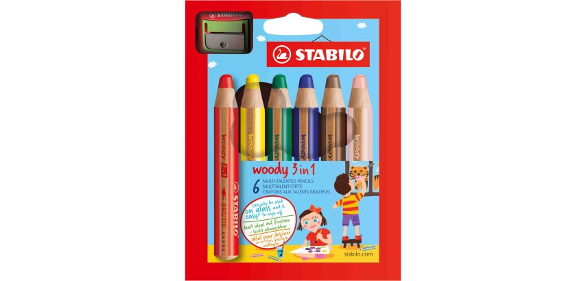Pastelli Woody 3 in 1 - diametro mina 10 mm - con temperino - Stabilo - astuccio 6 pezzi