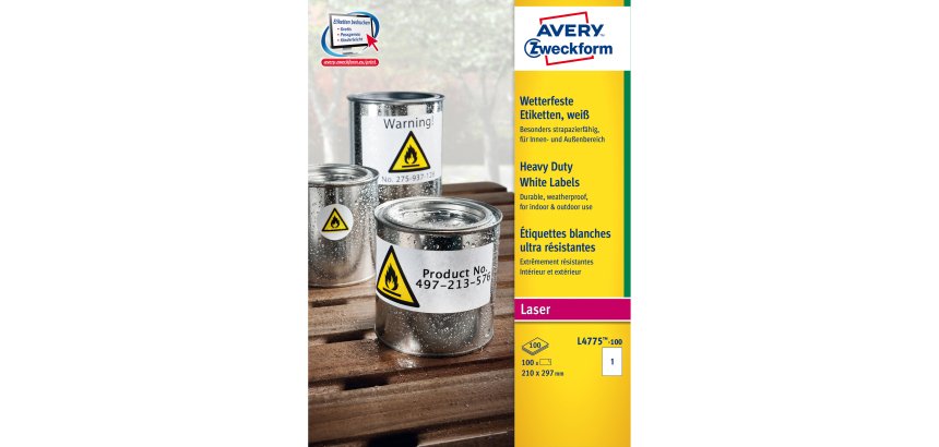 AVERY Etichette resistenti in poliestere bianco 210x297mm, 1 etichetta per foglio, adesivo permanente, laser, 20 fogli