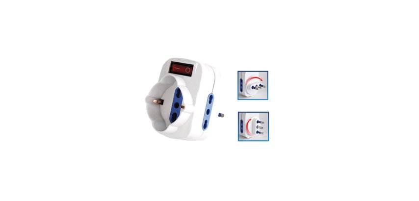 Adattatore rotante con interruttore - 2 prese bipasso 2P+T 10/16A + 1 presa Schuko - MKC