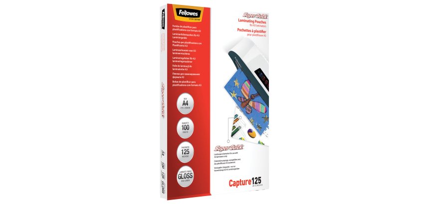Pouches Capture125 Superquick - A4 - 216x303 mm - 2x125 micron - Fellowes - scatola 100 pezzi