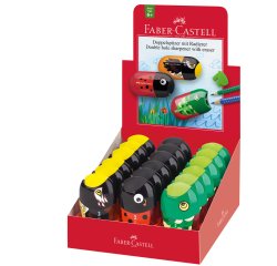 Temperamatite Animals con contenitore - 2 fori - con serbatoio e gomma assortiti - Faber-Castell