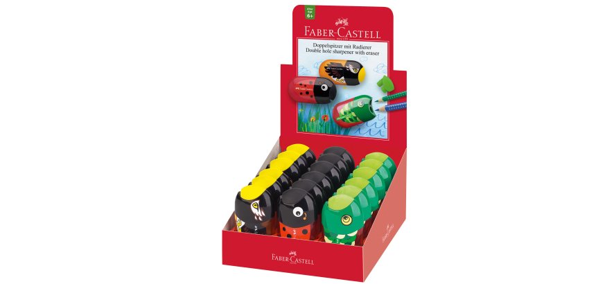 Temperamatite Animals con contenitore - 2 fori - con serbatoio e gomma assortiti - Faber-Castell