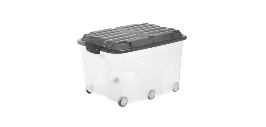 Contenitore Roller 6 - con ruote - 59,5x40x37 cm - 57 L - PPL - coperchio nero - trasparente - Rotho