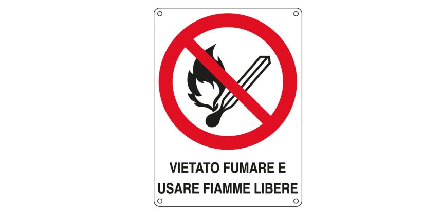 Cartello segnalatore - 16,6x23,3 cm - VIETATO FUMARE E USARE FIAMME LIBERE - alluminio - Cartelli Segnalatori