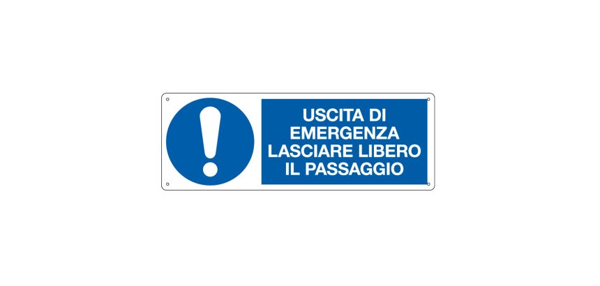 Cartello segnalatore - 35x12,5 cm - USCITA DI EMERGENZA LASCIARE LIBERO IL PASSAGGIO - alluminio - Cartelli Segnalatori