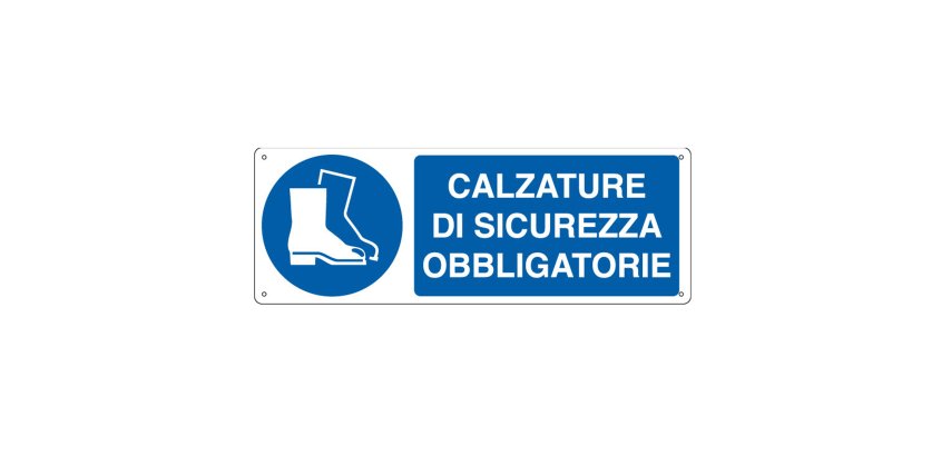 Cartello segnalatore - 35x12,5 cm - CALZATURE DI SICUREZZA OBBLIGATORIE - alluminio - Cartelli Segnalatori