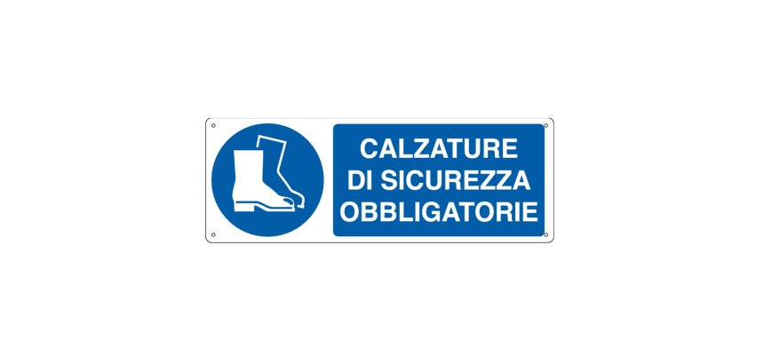 Cartello segnalatore - 35x12,5 cm - CALZATURE DI SICUREZZA OBBLIGATORIE - alluminio - Cartelli Segnalatori