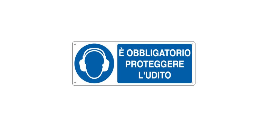 Cartello segnalatore - 35x12,5 cm - E' OBBLIGATORIO PROTEGGERE L'UDITO - alluminio - Cartelli Segnalatori