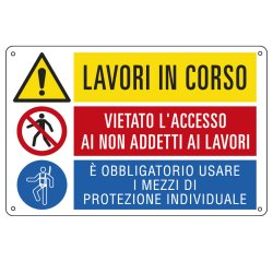 Cartello segnalatore multisimbolo - 50x33,3 cm - LAVORI IN CORSO/VIETATO L'ACCESSO /E' OBBLIGATORIO  - alluminio - Cartelli Segnalatori