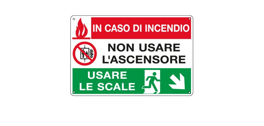Cartello segnalatore multisimbolo - 30x20 cm - IN CASO DI INCENDIO NON USARE L'ASCENSORE  - alluminio - Cartelli Segnalatori
