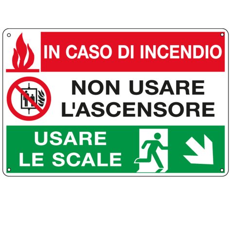 Cartello segnalatore multisimbolo - 30x20 cm - IN CASO DI INCENDIO NON USARE L'ASCENSORE  - alluminio - Cartelli Segnalatori