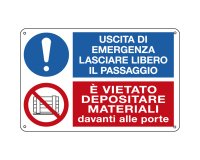 Cartello segnalatore multisimbolo - 30x20 cm - USCITA DI EMERGENZA /E' VIETATO DEPOSITARE  - alluminio - Cartelli Segnalatori