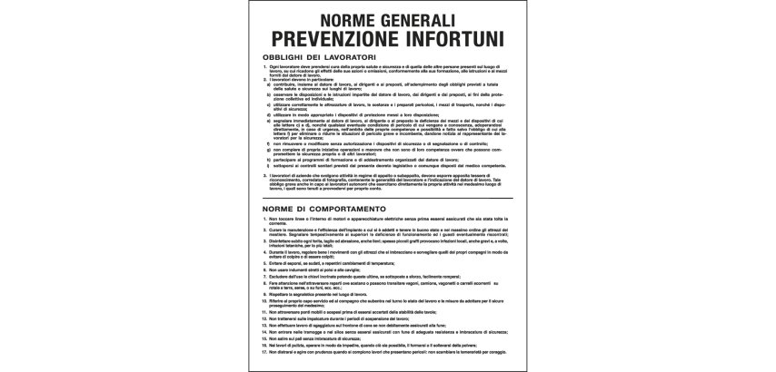 Cartello segnalatore - 50x67 cm - NORME GENERALI PREVENZIONE INFORTUNI - polionda - Cartelli Segnalatori