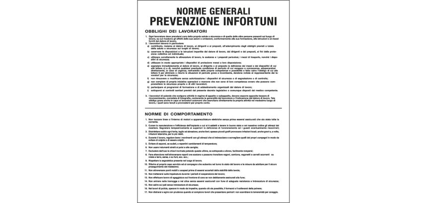 Cartello segnalatore - 50x67 cm - NORME GENERALI PREVENZIONE INFORTUNI - polionda - Cartelli Segnalatori