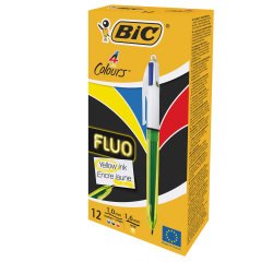 Penna a sfera a scatto multifunzione 4 Colors Fluo  - punta 1,0/1,6mm - 4 colori fluo - fusto giallo fluorescente - Bic - conf. 12 pezzi