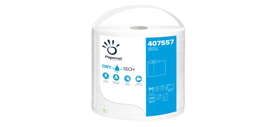 Bobina asciugatutto DryTech - 2 veli - diametro 25 cm - 23,4 cm x 152 mt -  400 strappi - finitura liscia - bianco - Papernet