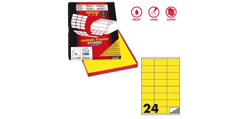 Etichette adesive C/500 - in carta - permanenti - 70 x 36 mm - 24 et/fg - 100 fogli - giallo fluo - Markin