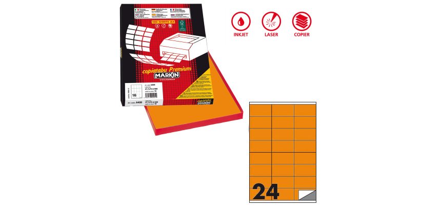 Etichette adesive C/500 - in carta - permanenti - 70 x 36 mm - 24 et/fg - 100 fogli - arancio fluo - Markin