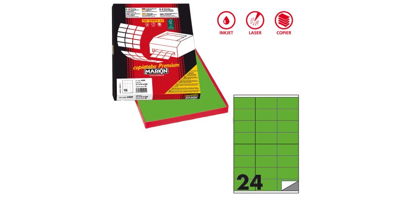 Etichette adesive C/500 - in carta - permanenti - 70 x 36 mm - 24 et/fg - 100 fogli - verde fluo - Markin