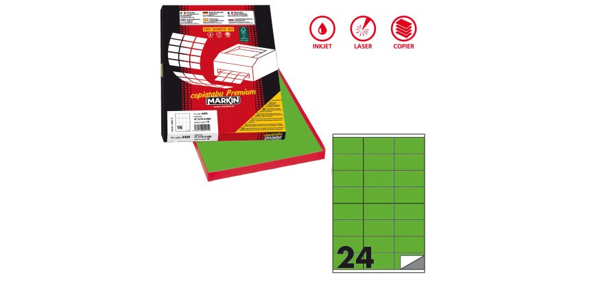 Etichette adesive C/500 - in carta - permanenti - 70 x 36 mm - 24 et/fg - 100 fogli - verde fluo - Markin