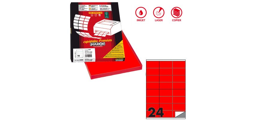 Etichette adesive C/500 - in carta - permanenti - 70 x 36 mm - 24 et/fg - 100 fogli - rosso fluo - Markin