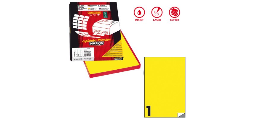 Etichette adesive C/503 - in carta - permanenti - 210 x 297 mm - 1 et/fg - 100 fogli - giallo fluo - Markin